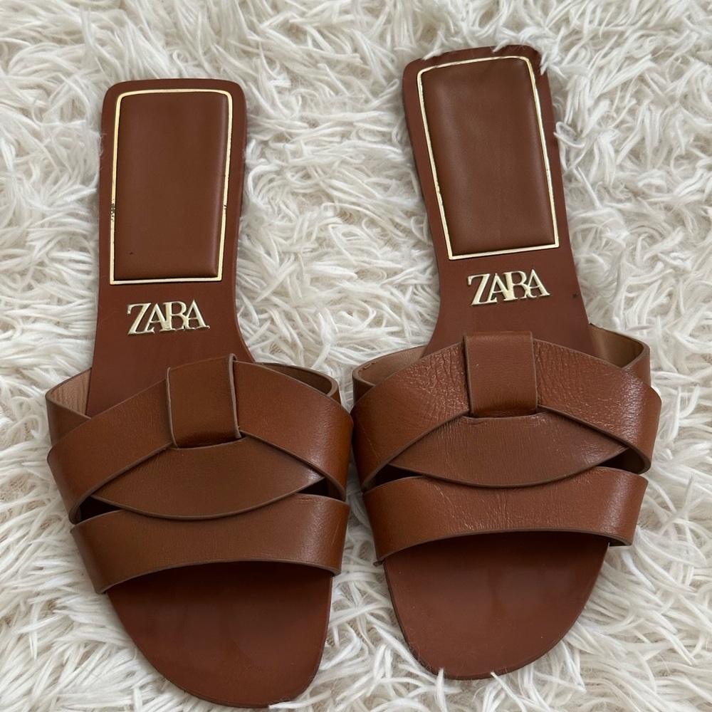 Zara Brown Braided Leather Slide Sandals